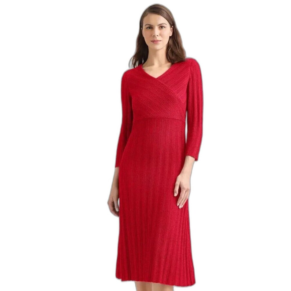 NWT Misook Textured Midi Dress Women's Size Large Red V-Neck 3/4 Sleeve